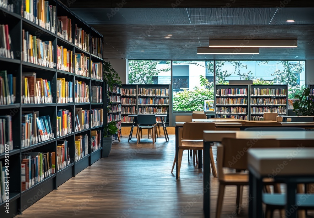 Modern Library Interior with Bookshelves and Tables Modern Library Interior with Bookshelves and Tables