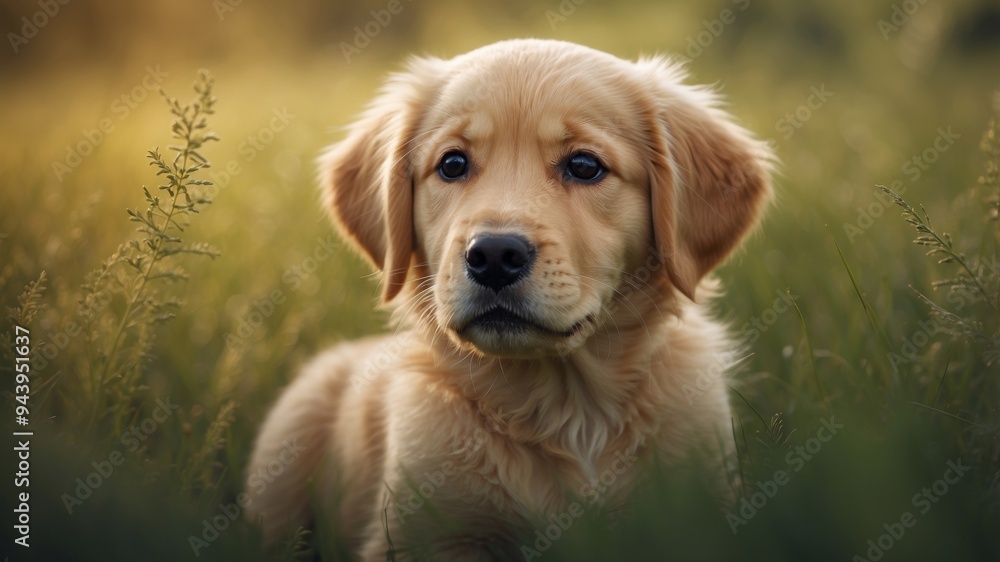 A Golden Retriever Puppy in a Field of Green. A Golden Retriever Puppy in a Field of Green.