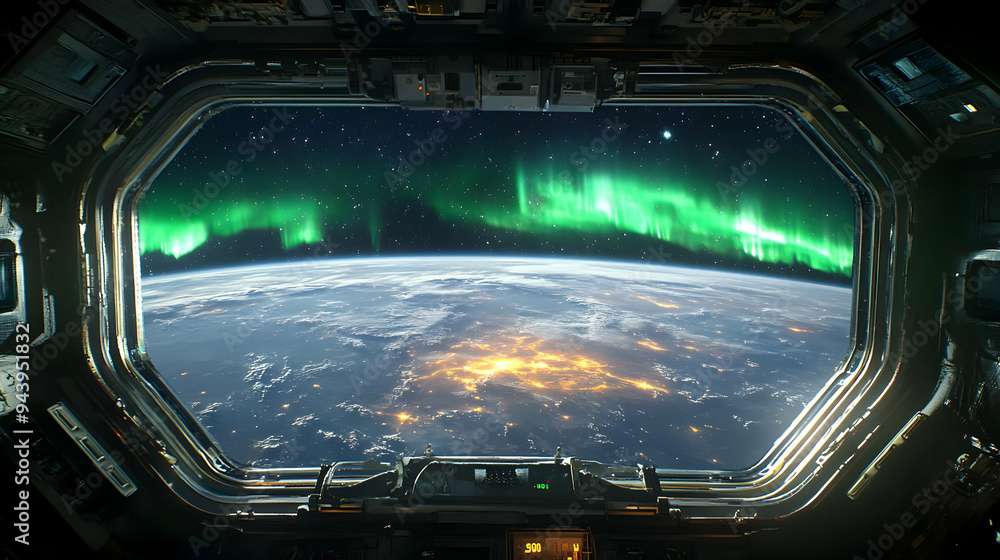 View of Earth and Aurora Borealis from a spaceship window. View of Earth and Aurora Borealis from a spaceship window.