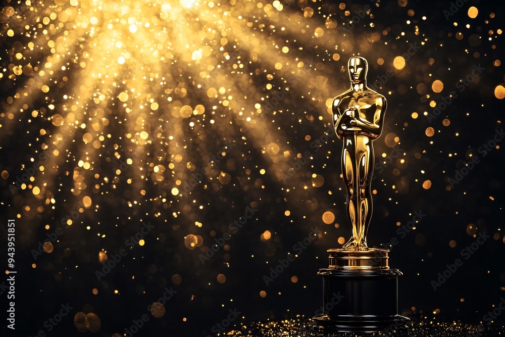 Golden oscar statue award on a shiny gold background with copy space