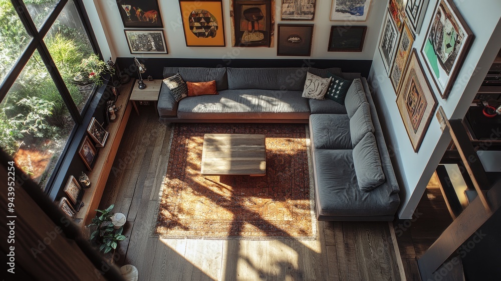 Fototapeta premium Top-down view of a modern living room showcasing a sectional sofa, wooden flooring, and art pieces on the walls.
