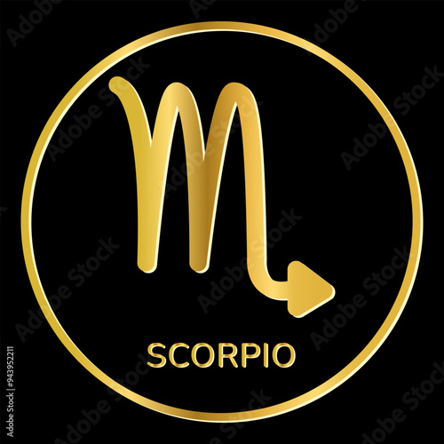 Scorpio zodiac sign icon. Gold shine symbol isolated on black background.  Astrological, zodiacal horoscope. Tattoo image,  logo. Vector illustration.
