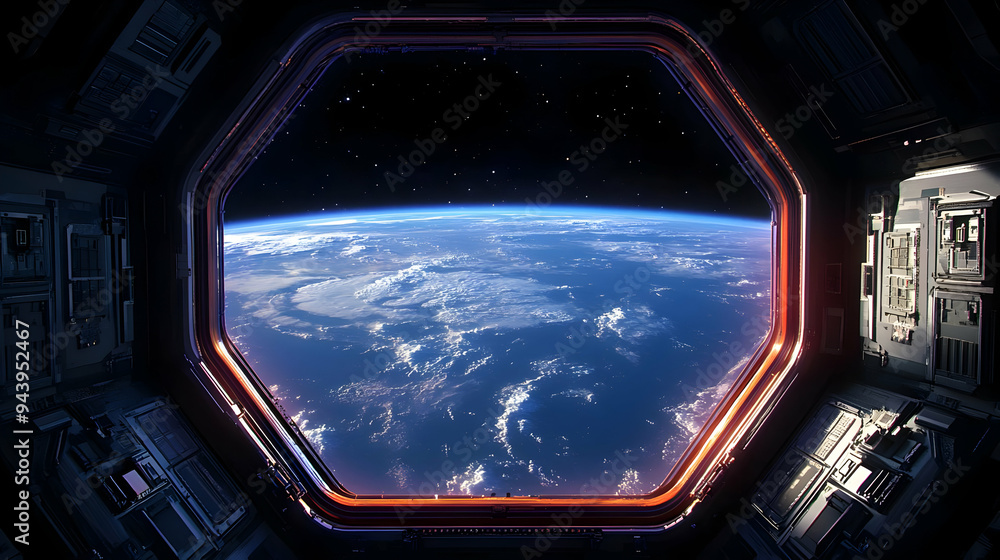 Naklejka premium View of Earth from a spaceship window.