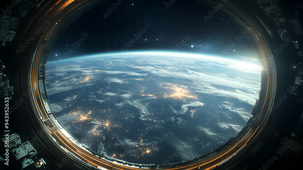 View of Earth from a spaceship window with clouds, stars, and city lights. View of Earth from a spaceship window with clouds, stars, and city lights.