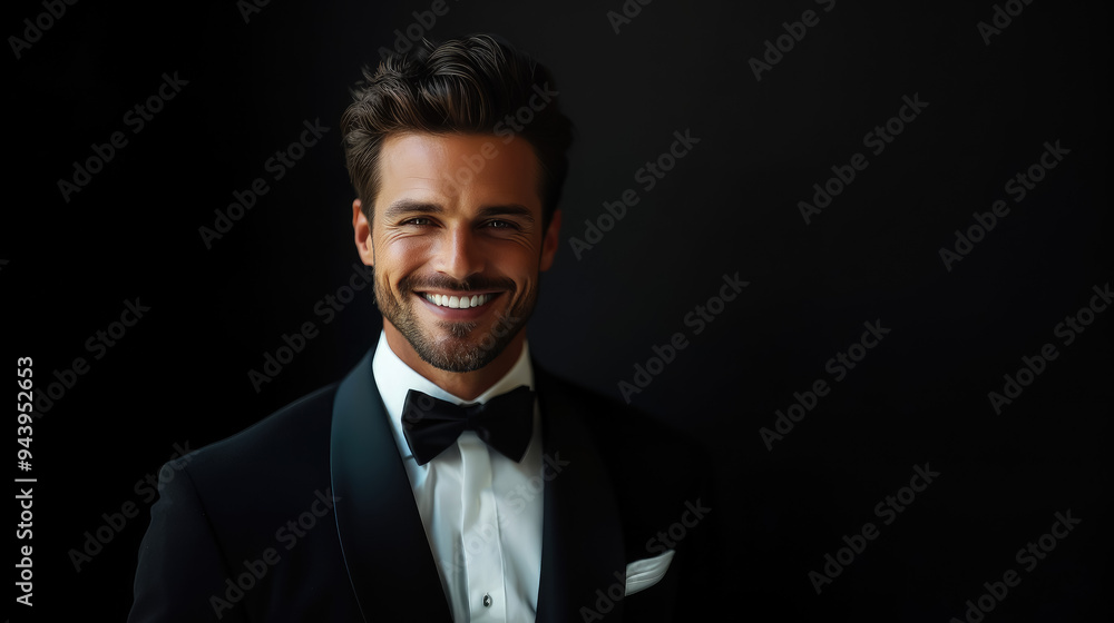 young attractive handsome smiling man in tuxedo with bow tie on black background, rich person, guy portrait, evening outfit, festive wear, model, male, signor, dandy, tailcoat, jacket, fashion, style young attractive handsome smiling man in tuxedo with bow tie on black background, rich person, guy portrait, evening outfit, festive wear, model, male, signor, dandy, tailcoat, jacket, fashion, style