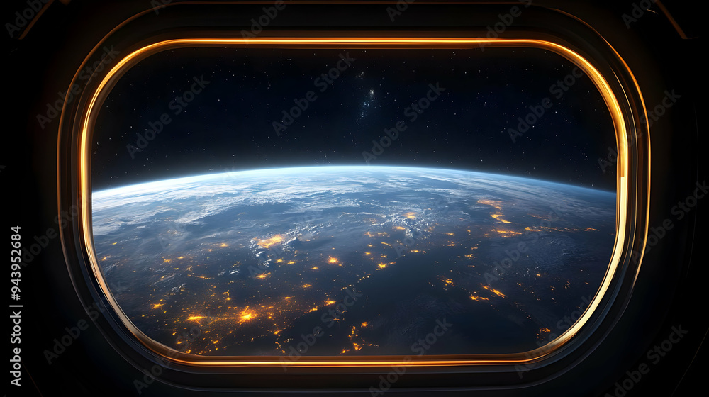 View of Earth from a spaceship window with glowing city lights at night. View of Earth from a spaceship window with glowing city lights at night.