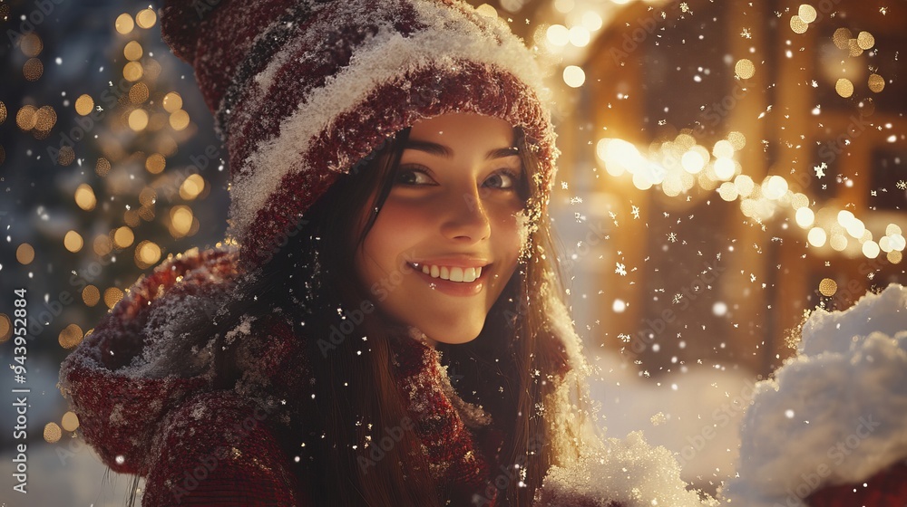 Smiling young woman in festive attire surrounded by snow and twinkling lights Smiling young woman in festive attire surrounded by snow and twinkling lights
