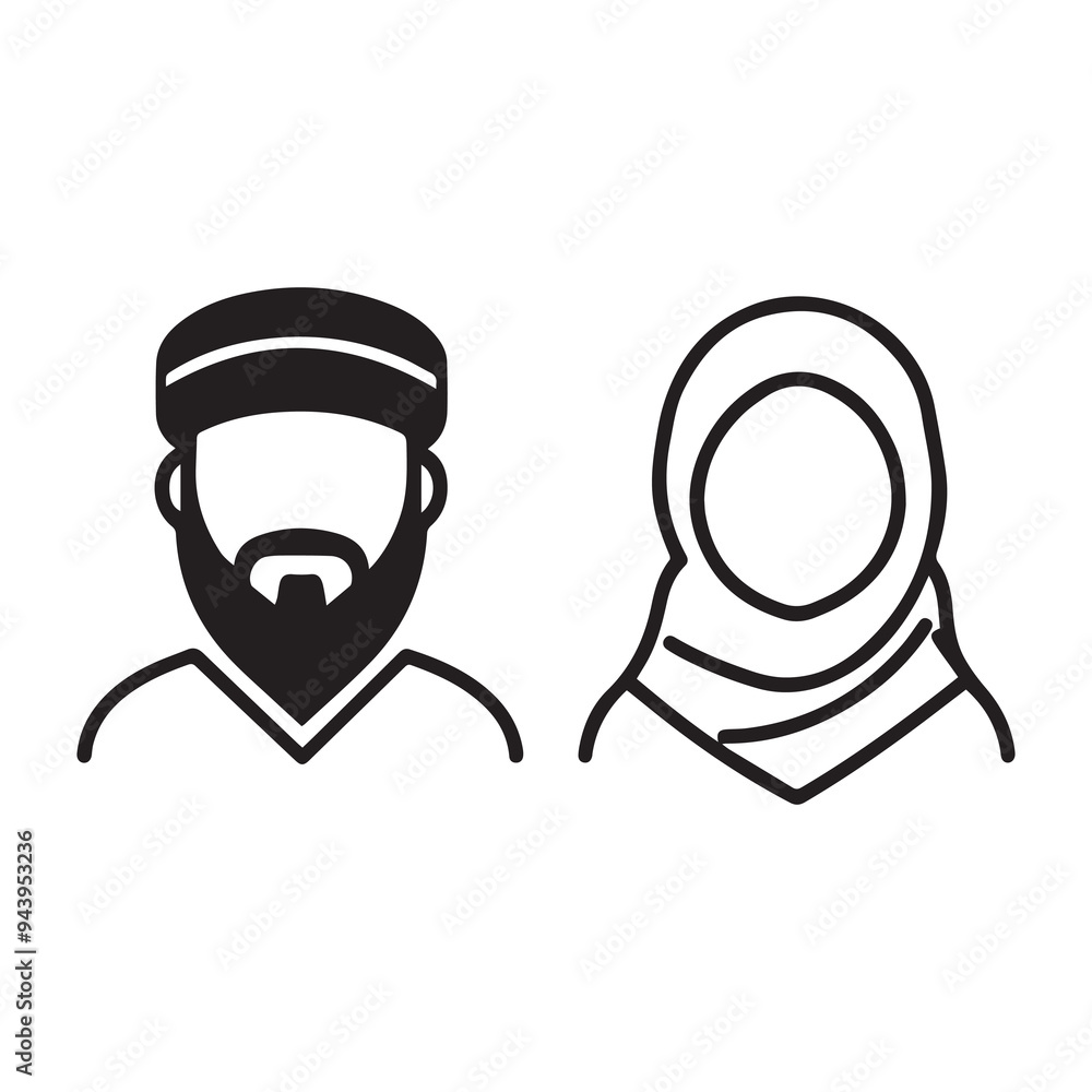 Islamic men and women icon character outline. Arabic vector design. Islamic men and women icon character outline. Arabic vector design.
