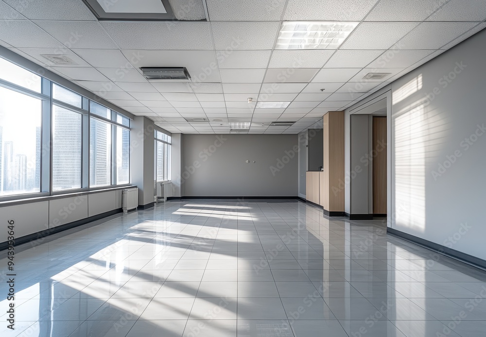 Modern office interior with large windows Modern office interior with large windows