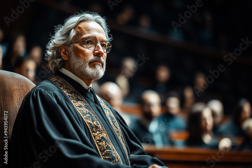 Portrait of senior prosecutor wearing glasses, Selective focus old man lawyer in court, Magistrate in black graduation gown, Attorney with curious face in council. photo