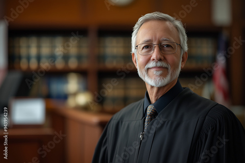 Portrait of senior prosecutor wearing glasses, Selective focus old man lawyer in court, Magistrate in black graduation gown, Attorney with smile face in council.