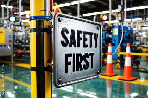 A safety sign on a metal gate with sign says word text phrase 