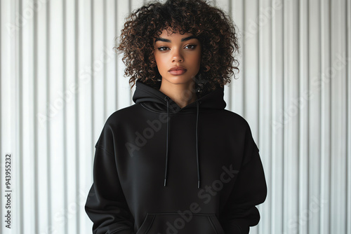 Beautiful woman wearing black plain hoodie. Mockup. Generative ai.