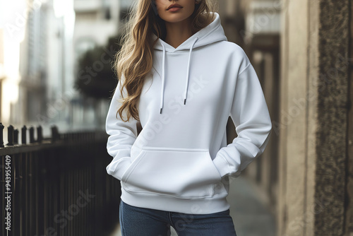 White plain hoodie mockup is styled by beautiful woman blending casual elegance. Generative ai.