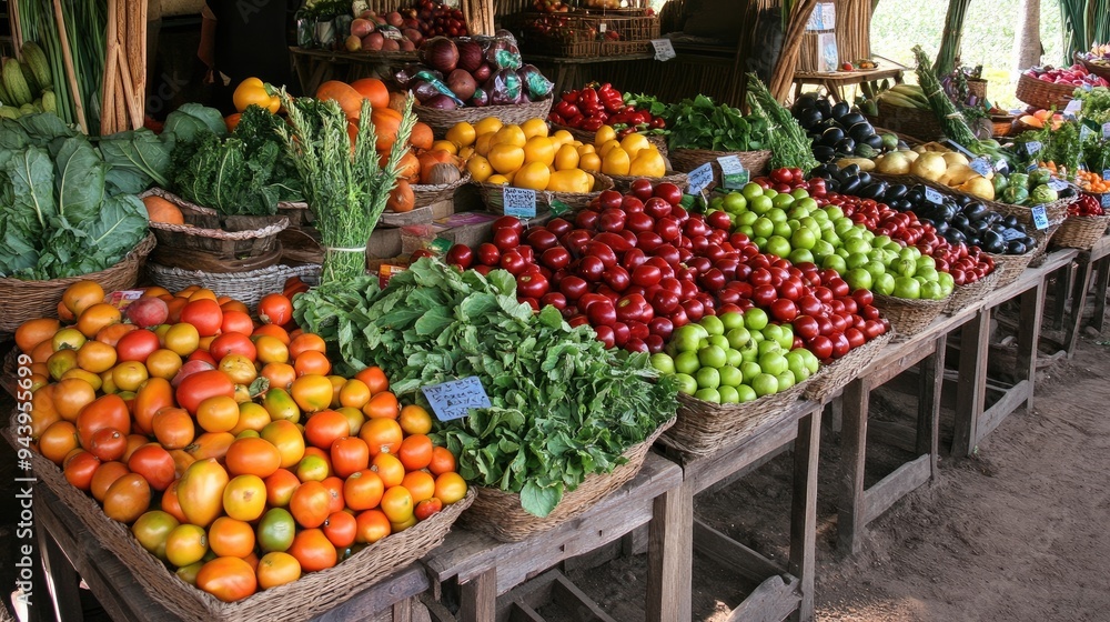 Farmer's market stand displaying a variety of fresh, organic produce Farmer's market stand displaying a variety of fresh, organic produce