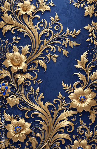 vintage royal navy blue with elegant white and gold flowers pattern