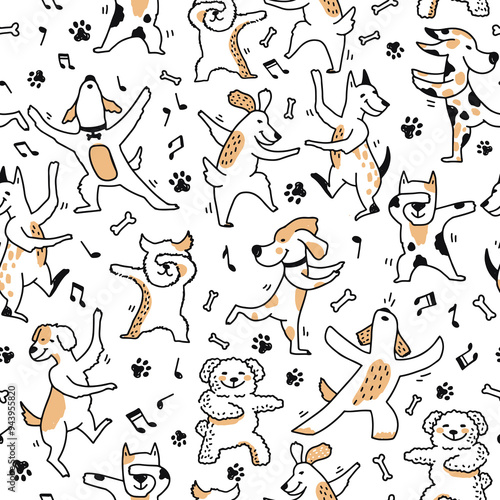 Cartoon dog dancing characters seamless pattern. Wallpaper or fabric seamless background, wrapping paper print or  pattern with kawaii dogs dancing