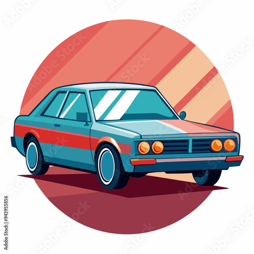 Blue Sedan Car with Red Stripe and Retro-Inspired Background
