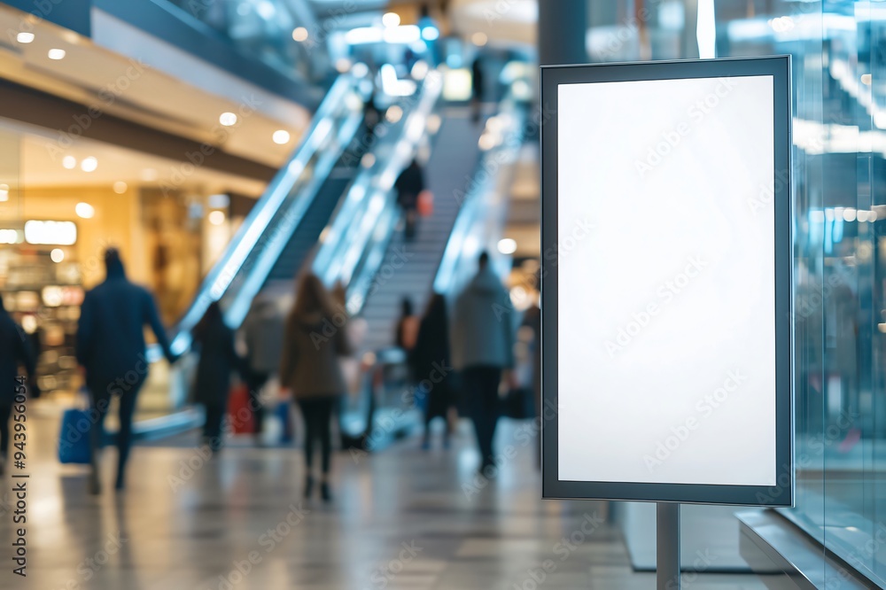 Empty signboard stands in a bustling shopping center with people walking in the background Empty signboard stands in a bustling shopping center with people walking in the background