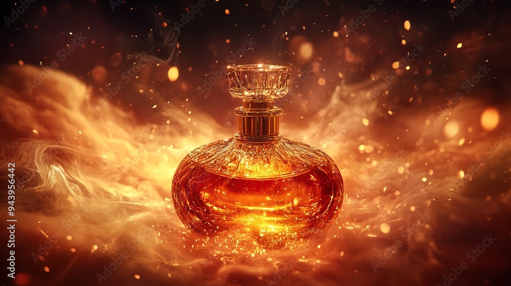 Elegant amber perfume bottle surrounded by swirling golden mist at dusk Elegant amber perfume bottle surrounded by swirling golden mist at dusk