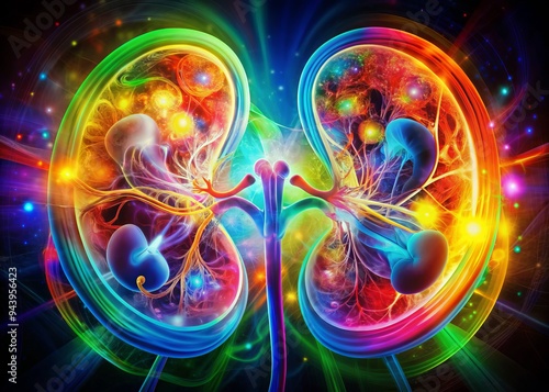 Spectral Symphony of Kidneys: Vibrant colors, sonographic visualization, abstract patterns, musical resonance. photo