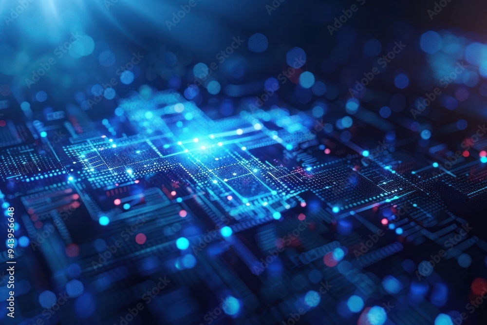 A computer chip with a blue background and red and blue dots A computer chip with a blue background and red and blue dots