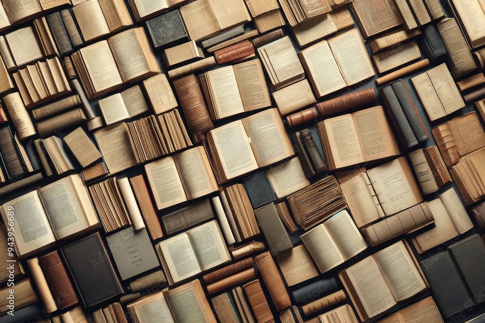A flat lay of numerous open books arranged closely together, showing a variety of text and pages A flat lay of numerous open books arranged closely together, showing a variety of text and pages