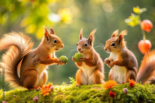 Squirrel's Day Out: Squirrels exploring the outdoors, engaging in silly antics, nature-inspired colors, lighthearted mood. photo