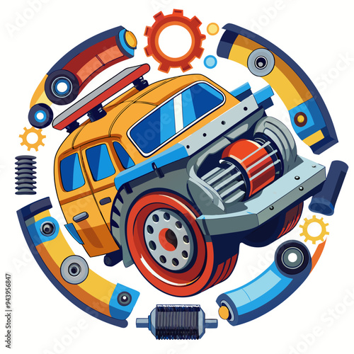 Cartoon Car with Spare Parts in Circular Design