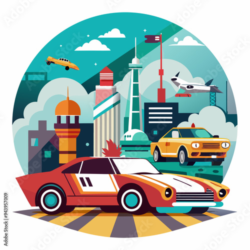 A Cityscape Featuring a Red Sports Car in the Foreground