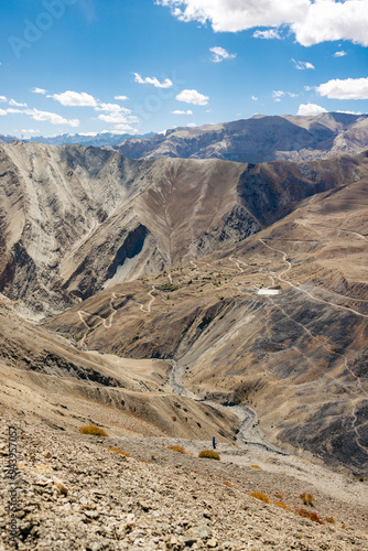 Road winding across the barren mountainside between Zangla and Wanla, Zanskar, Ladakh; Zanskar, Ladakh, India photo