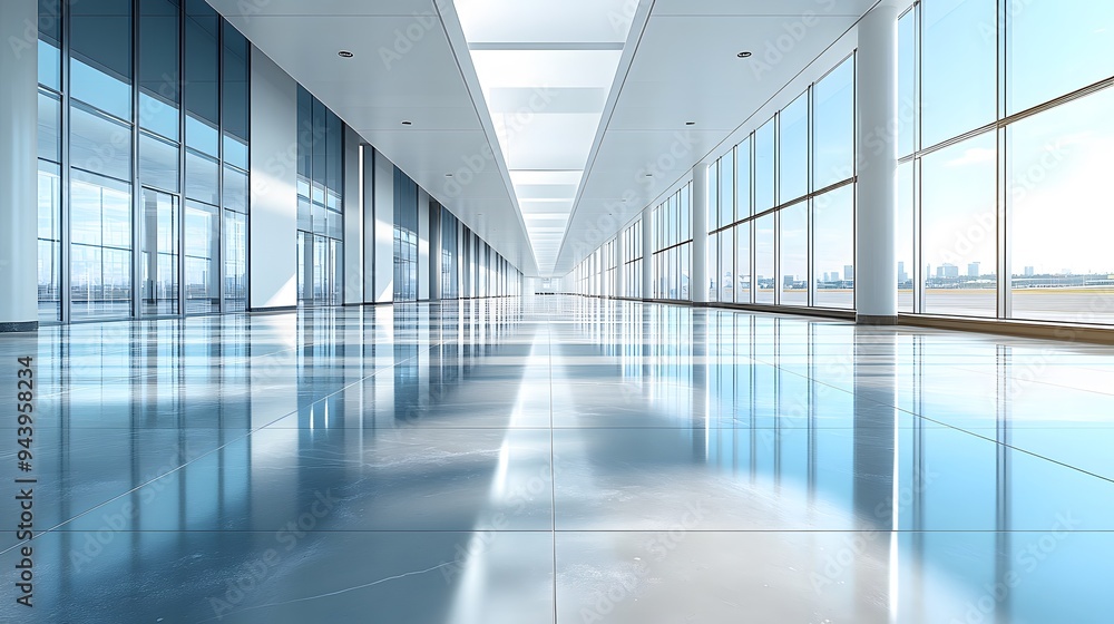 Expansive 3D business hall with a polished floor reflecting natural light, set in a modern office or airport environment. Expansive 3D business hall with a polished floor reflecting natural light, set in a modern office or airport environment.