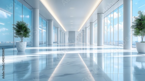 Minimalist 3D office rendering of a modern business hall with light-filled spaces and reflective flooring, perfect for airport or corporate backdrops.