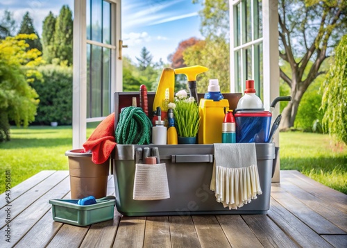 A neatly organized toolbox and a variety of cleaning supplies rest on a tidy porch, symbolizing reliable and efficient household maintenance and repair expertise. photo