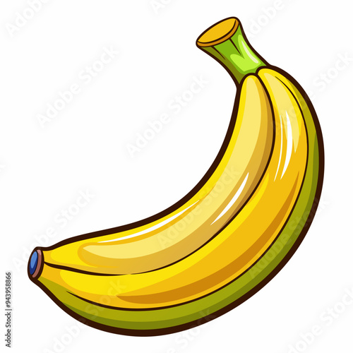 A Cartoon Illustration of a Yellow Banana with Green Stem