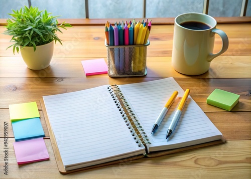 Wallpaper Mural A neatly organized workbook lies open on a clutter-free desk, filled with colorful pens, sticky notes, and a half-completed to-do list, surrounded by calm ambiance. Torontodigital.ca