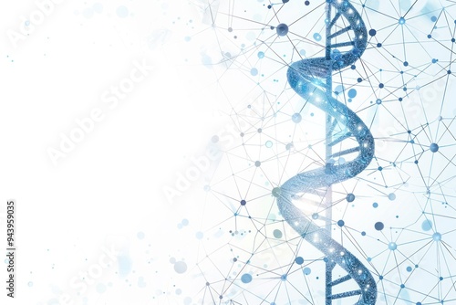 A blue DNA strand is shown in a white background photo