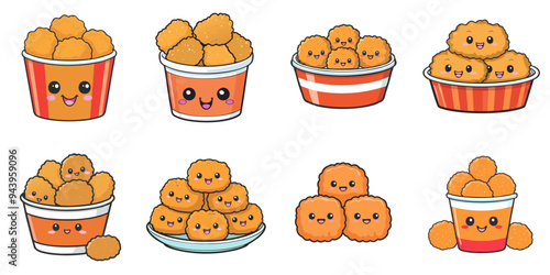 Illustration of multiple cute chicken nugget characters, black outline