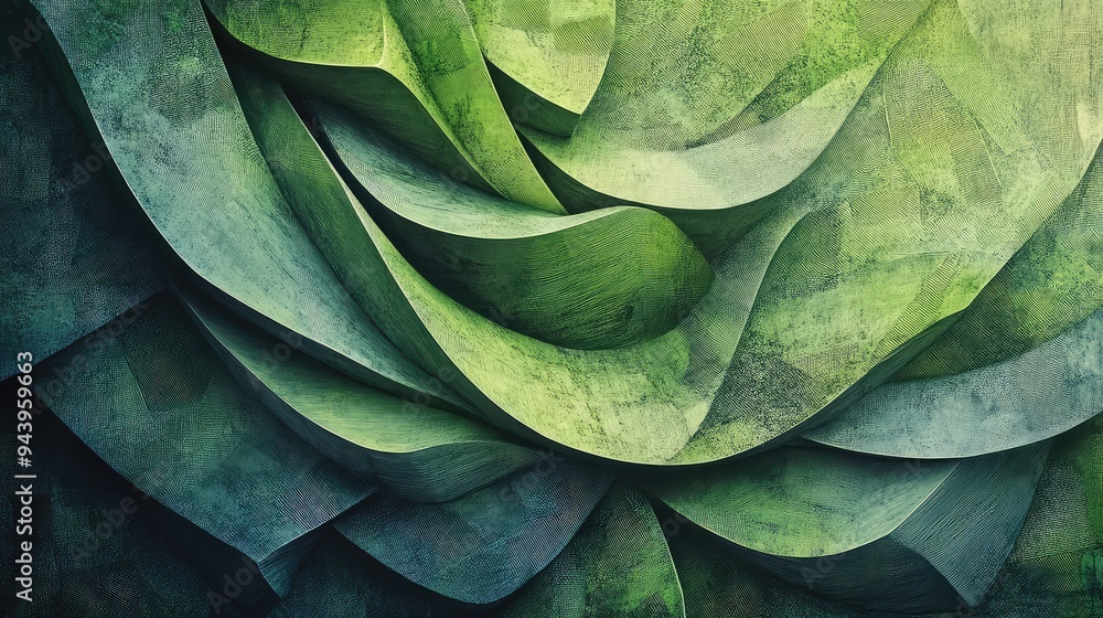 Fototapeta premium Abstract composition with layered light green and dark green shapes creating a textured look.