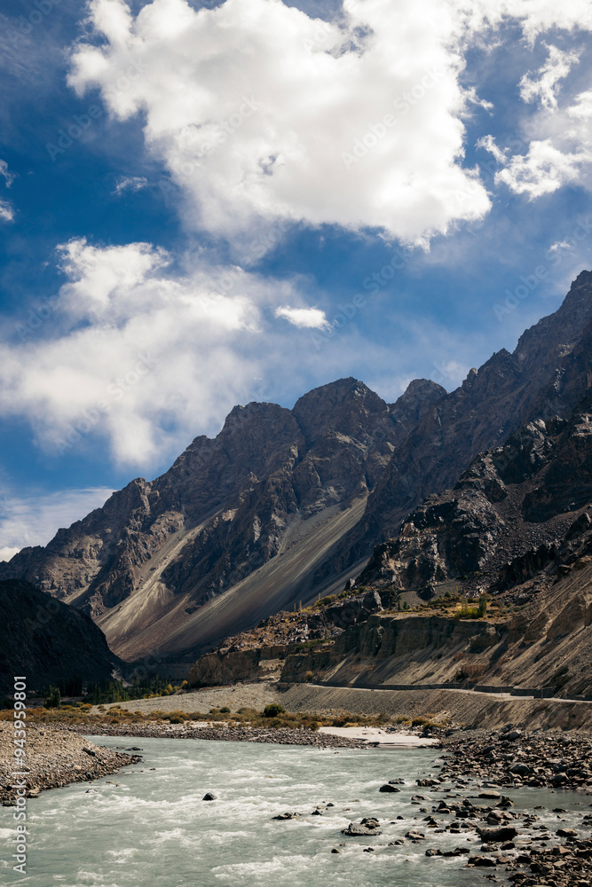 River runs through the valley along the Diskit - Turtuk Highway, Ladakh, India; Ladakh, India River runs through the valley along the Diskit - Turtuk Highway, Ladakh, India; Ladakh, India