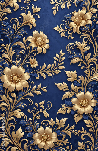 vintage royal navy blue with elegant white and gold flowers pattern