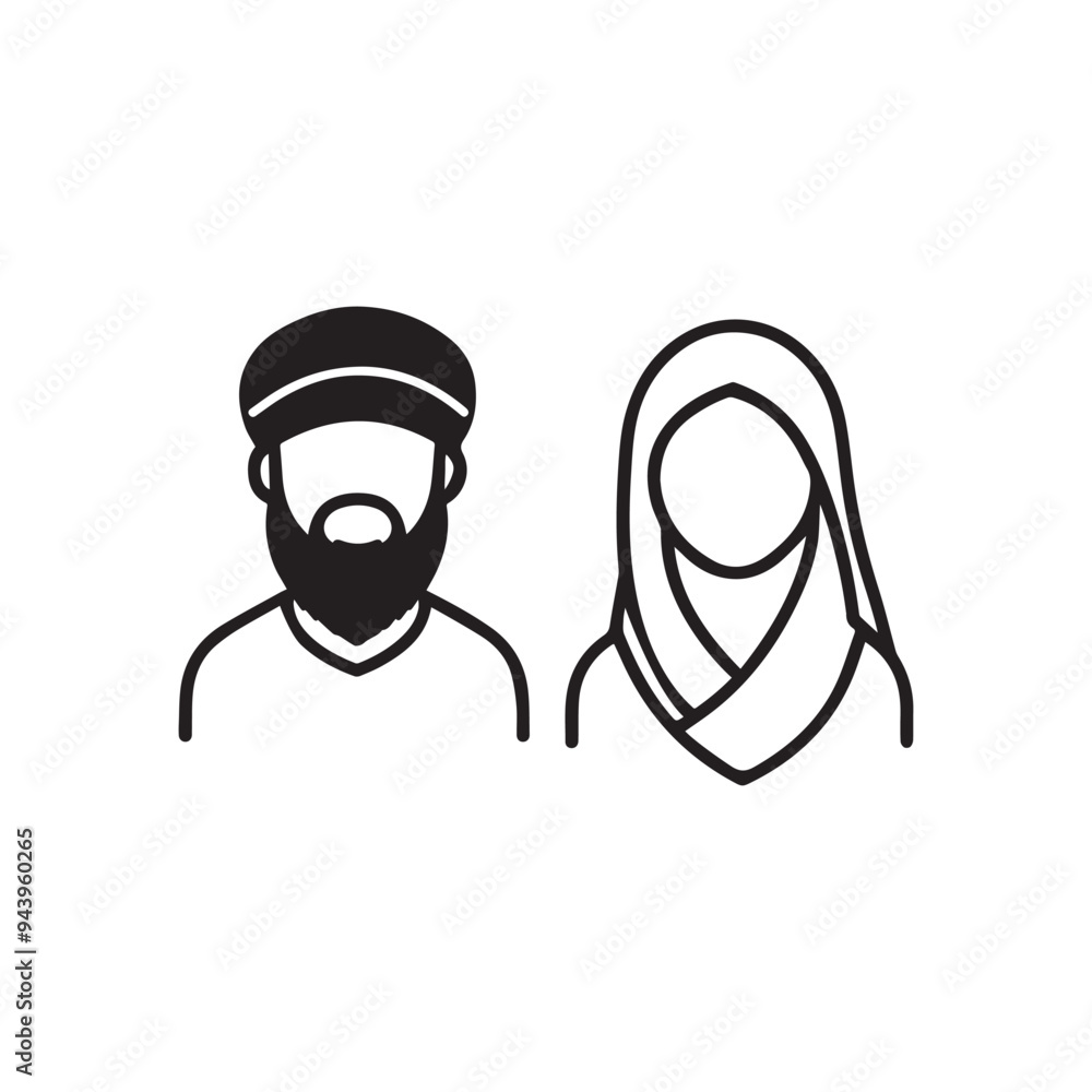 Islamic men and women icon character outline. Arabic vector design. Islamic men and women icon character outline. Arabic vector design.