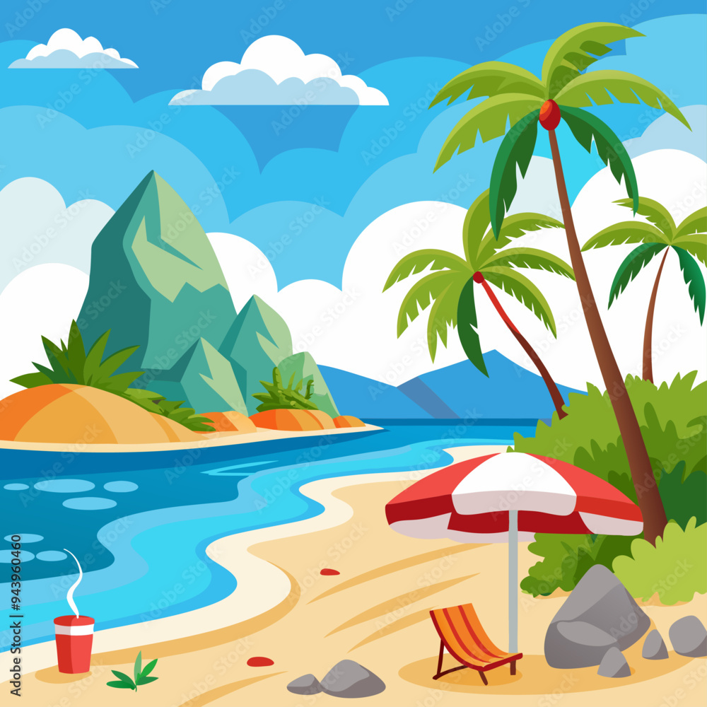 Obraz premium Tropical Beach Scene with Palm Trees, Umbrella, and Lounge Chair