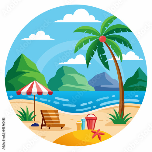 Tropical Beach Scene with Palm Tree, Mountains, and Beach Accessories