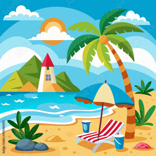 Relaxing Tropical Beach Scene with Palm Tree, Beach Chair, and Umbrella