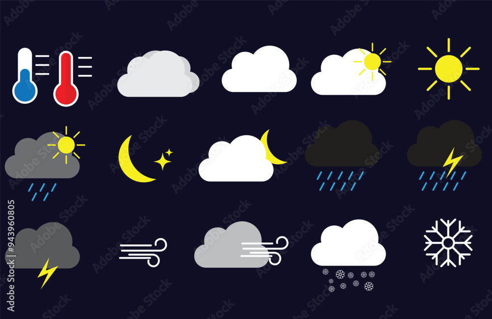 Weather icons set isolated on a white background. Clouds logo and sign collection. Simple modern design. Flat style vector illustration.eps10 Weather icons set isolated on a white background. Clouds logo and sign collection. Simple modern design. Flat style vector illustration.eps10