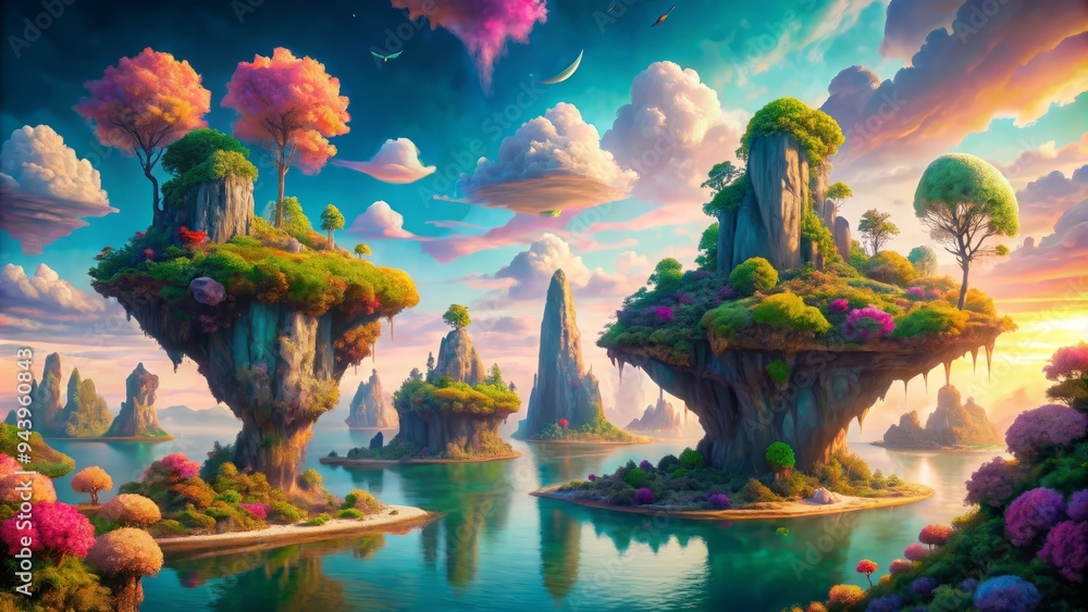 Obraz premium Surreal Seascape Odyssey: Fantastical seascapes with vibrant hues, floating islands, and dreamlike distortions.