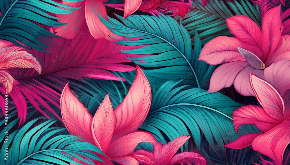 exotic pattern with pink, turquoise and magenta leaves and flowers exotic pattern with pink, turquoise and magenta leaves and flowers