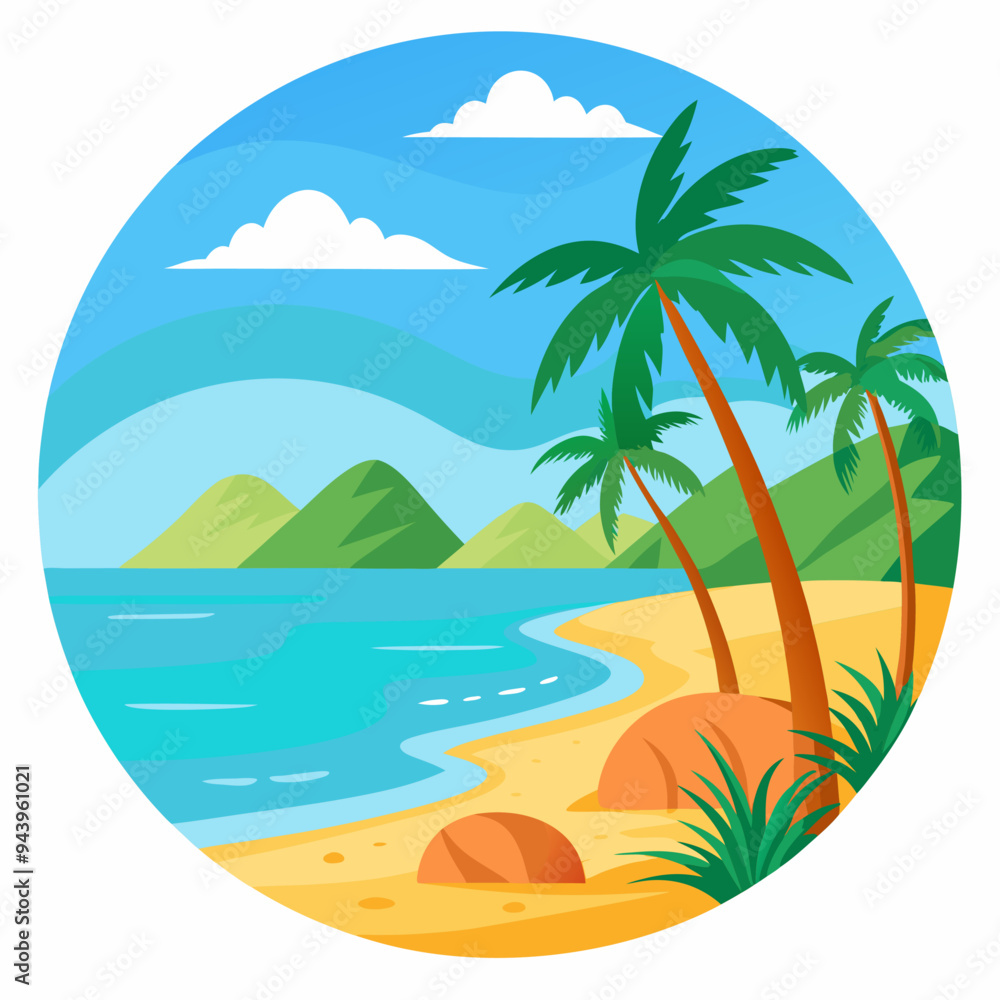 Obraz premium Tropical Beach Scene with Palm Trees and Mountains
