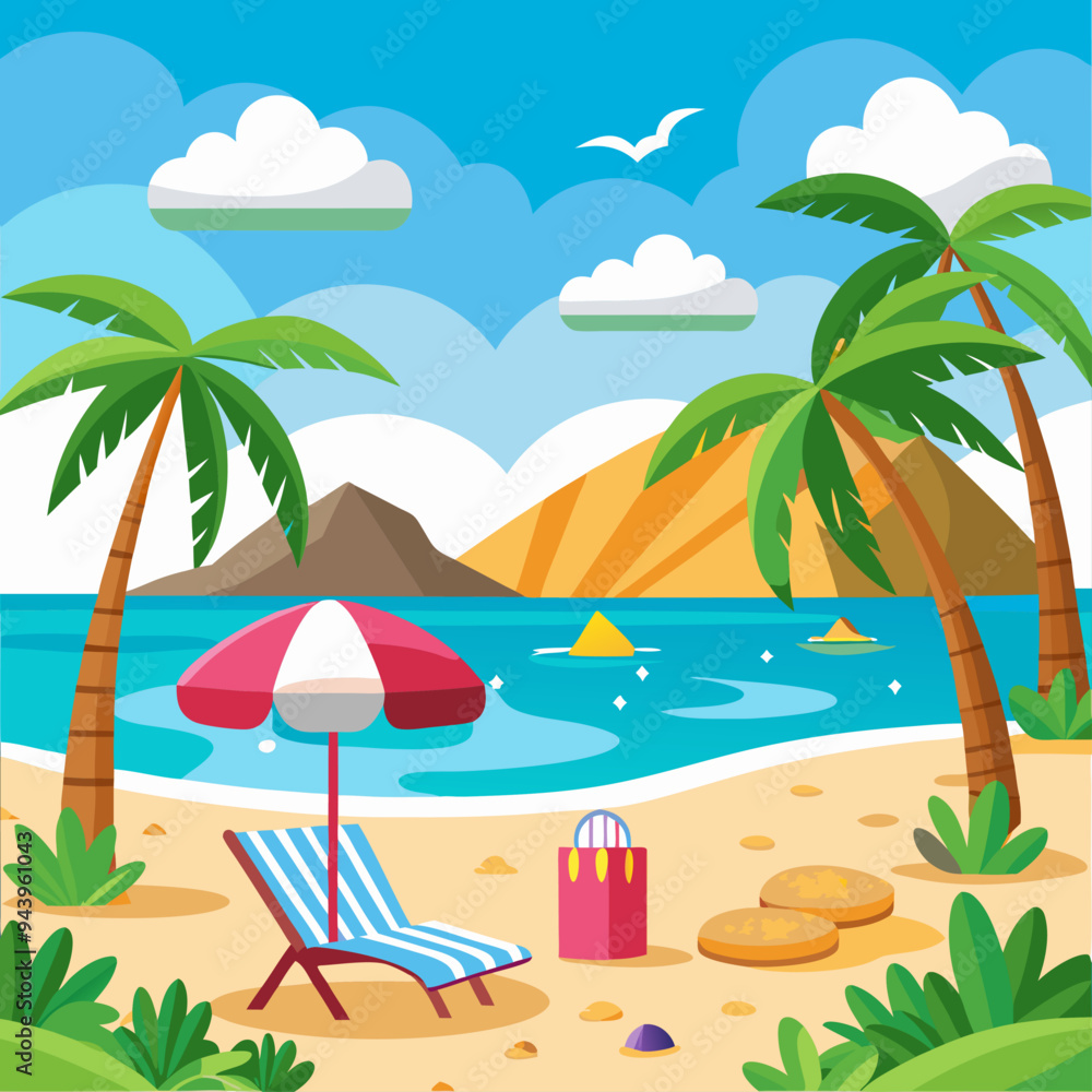 Obraz premium Beach Scene with Palm Trees, Umbrella, and Lounger